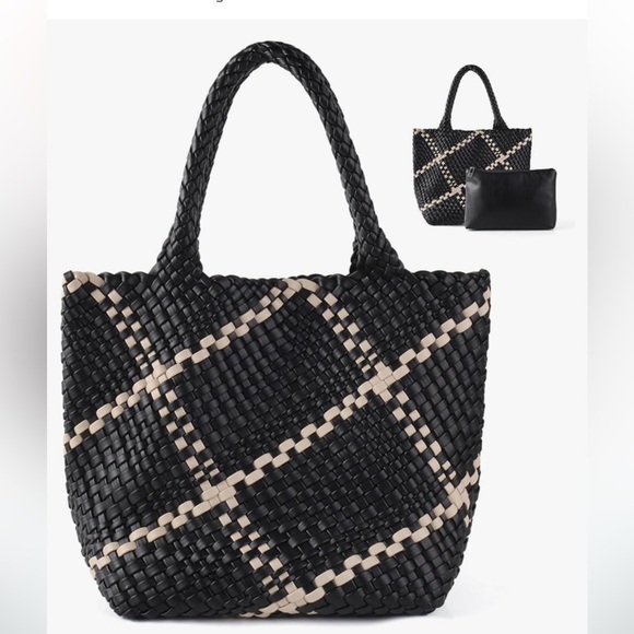 Handbags - NWOT Vegan woven tote bag with pouch, black with tan